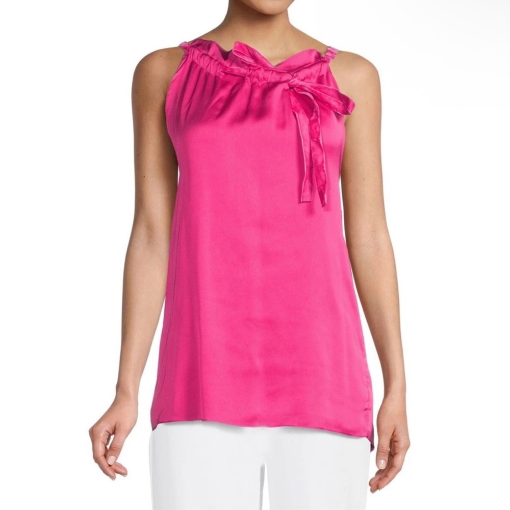 RAMY BROOK Addy Satin Tie Neck Top‎ Women's S Hot Pink Solid Sleeveless Pullover